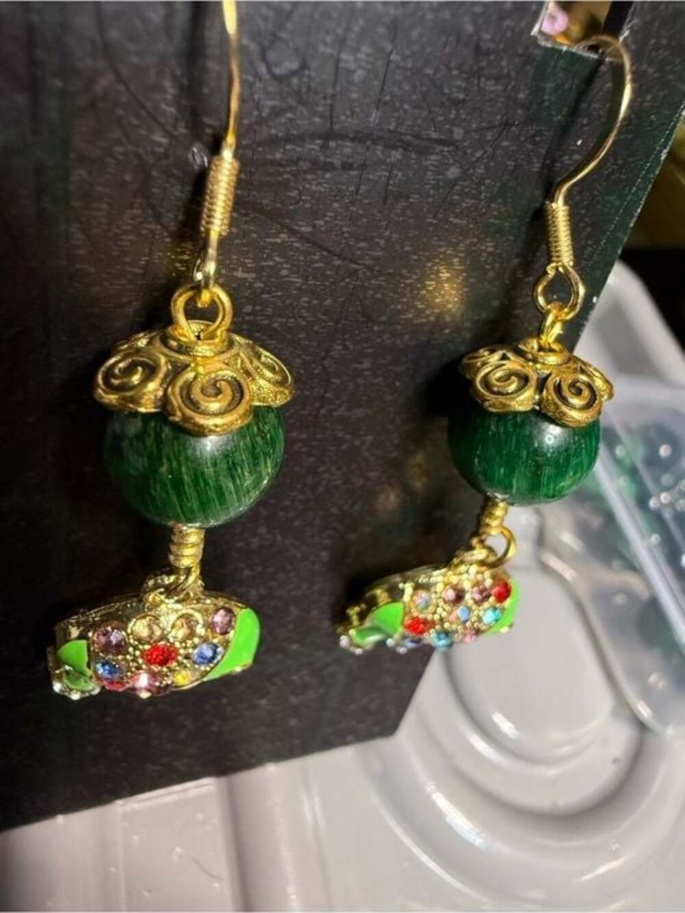 Artisan Green Tigers Eye Hand Wrapped Rhinestone Elephant 14K Gold Earrings - Picture 7 of 7